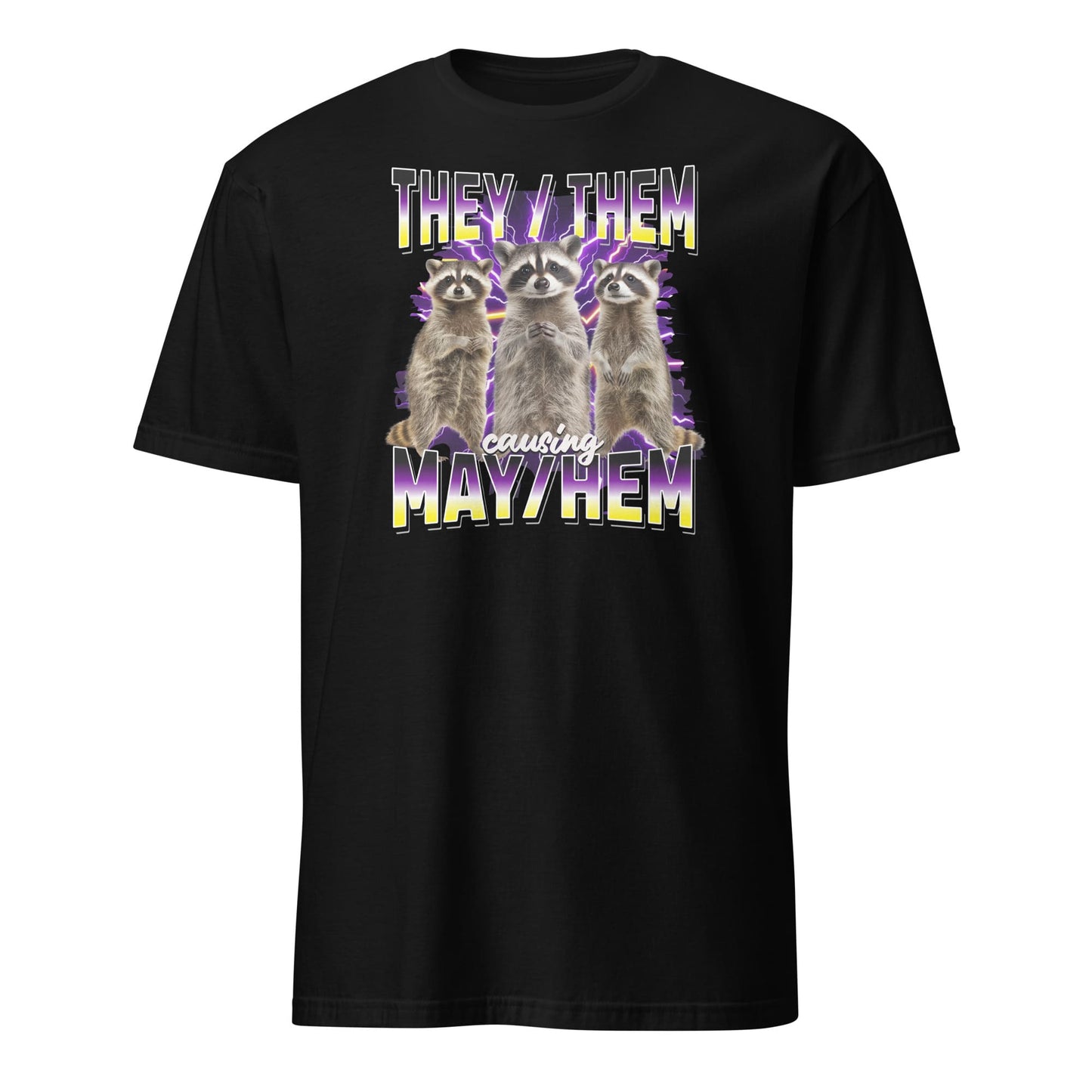 Black nonbinary y2k bootleg t-shirt with three raccoons and they them pronouns