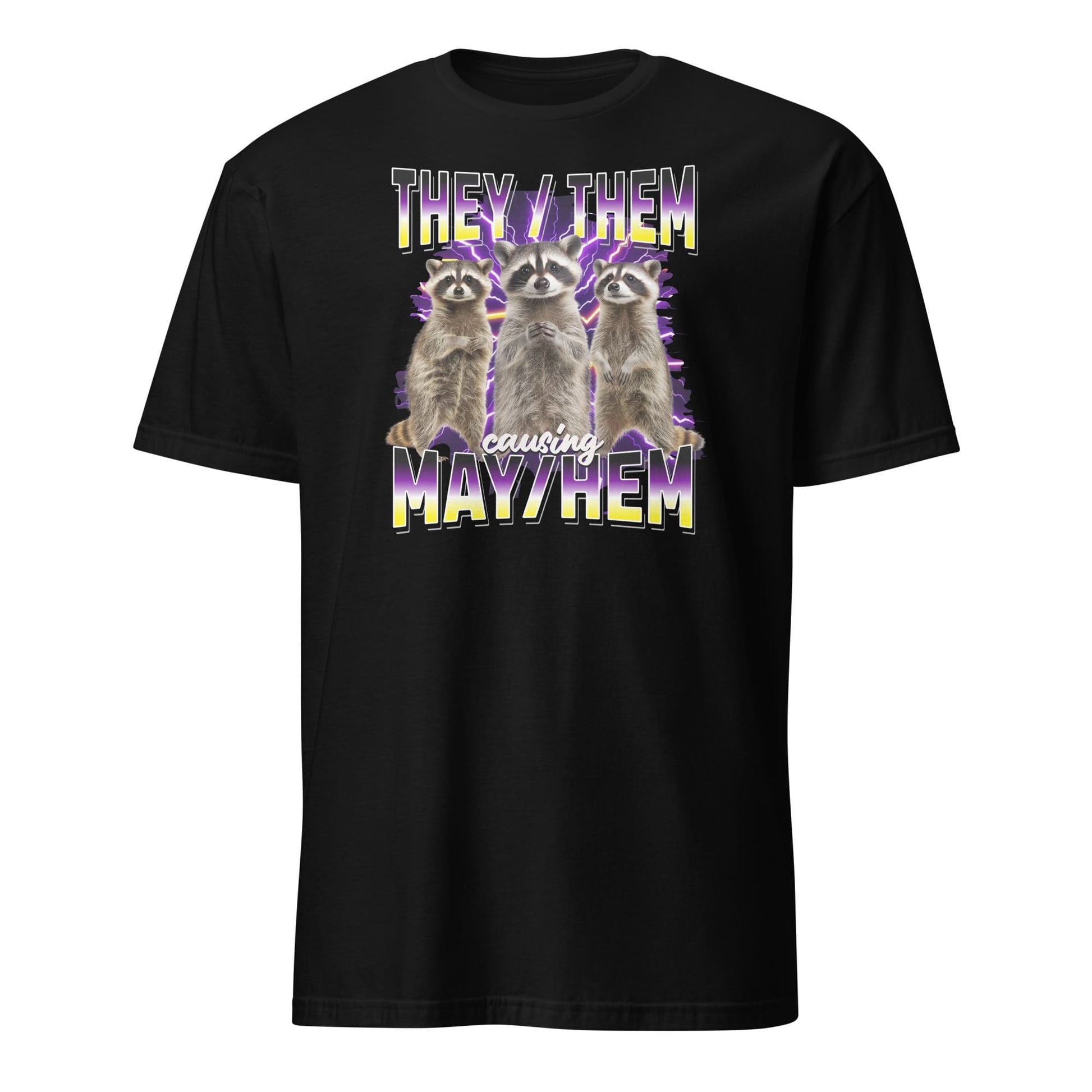 Black nonbinary y2k bootleg t-shirt with three raccoons and they them pronouns