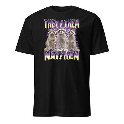 Black nonbinary y2k bootleg t-shirt with three raccoons and they them pronouns