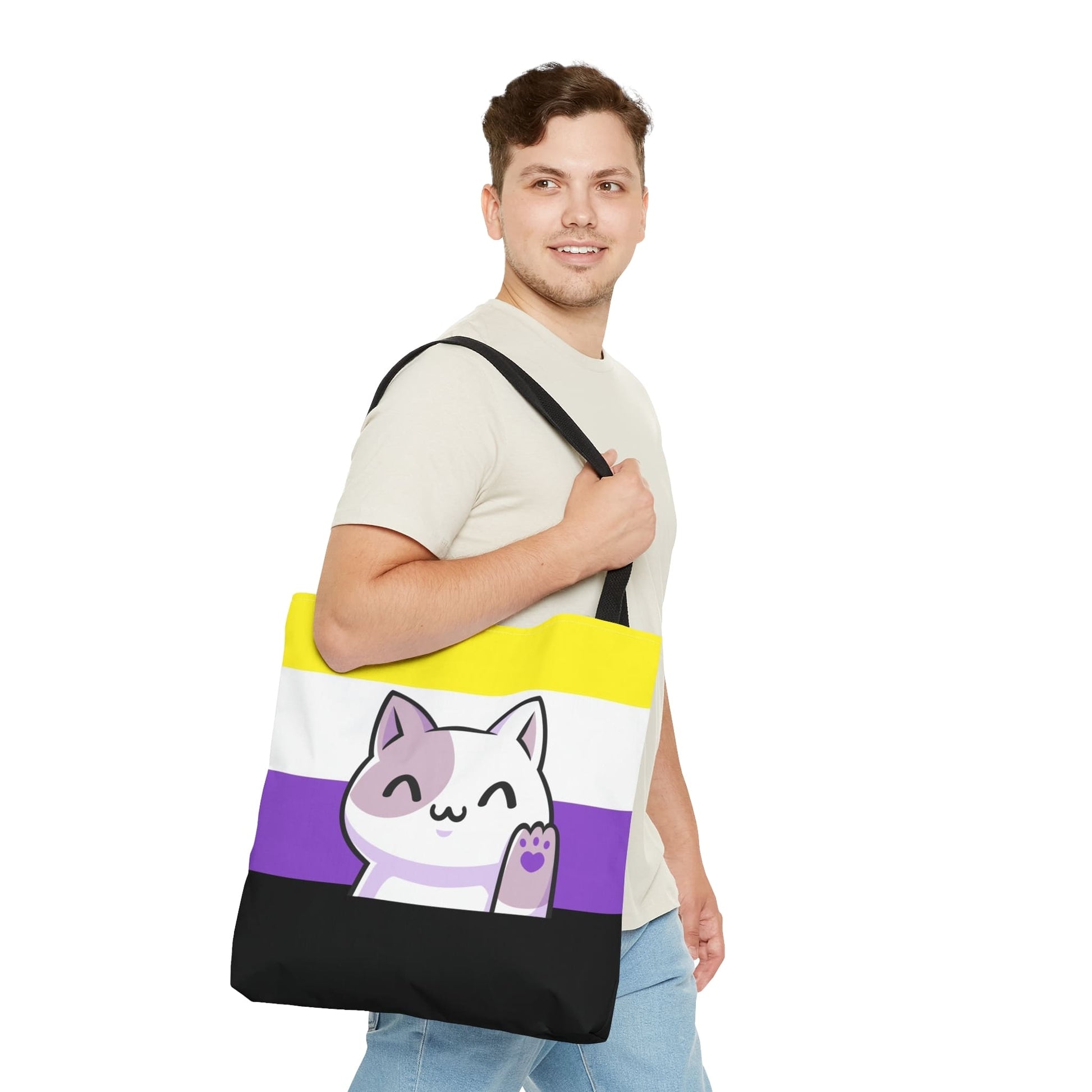 non binary tote bag cute cat, large