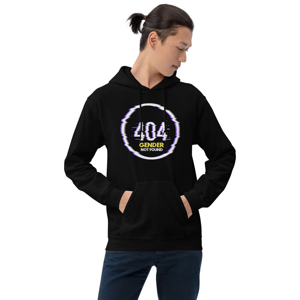 Person wearing a black funny nonbinary hoodie with 404 error on a white background