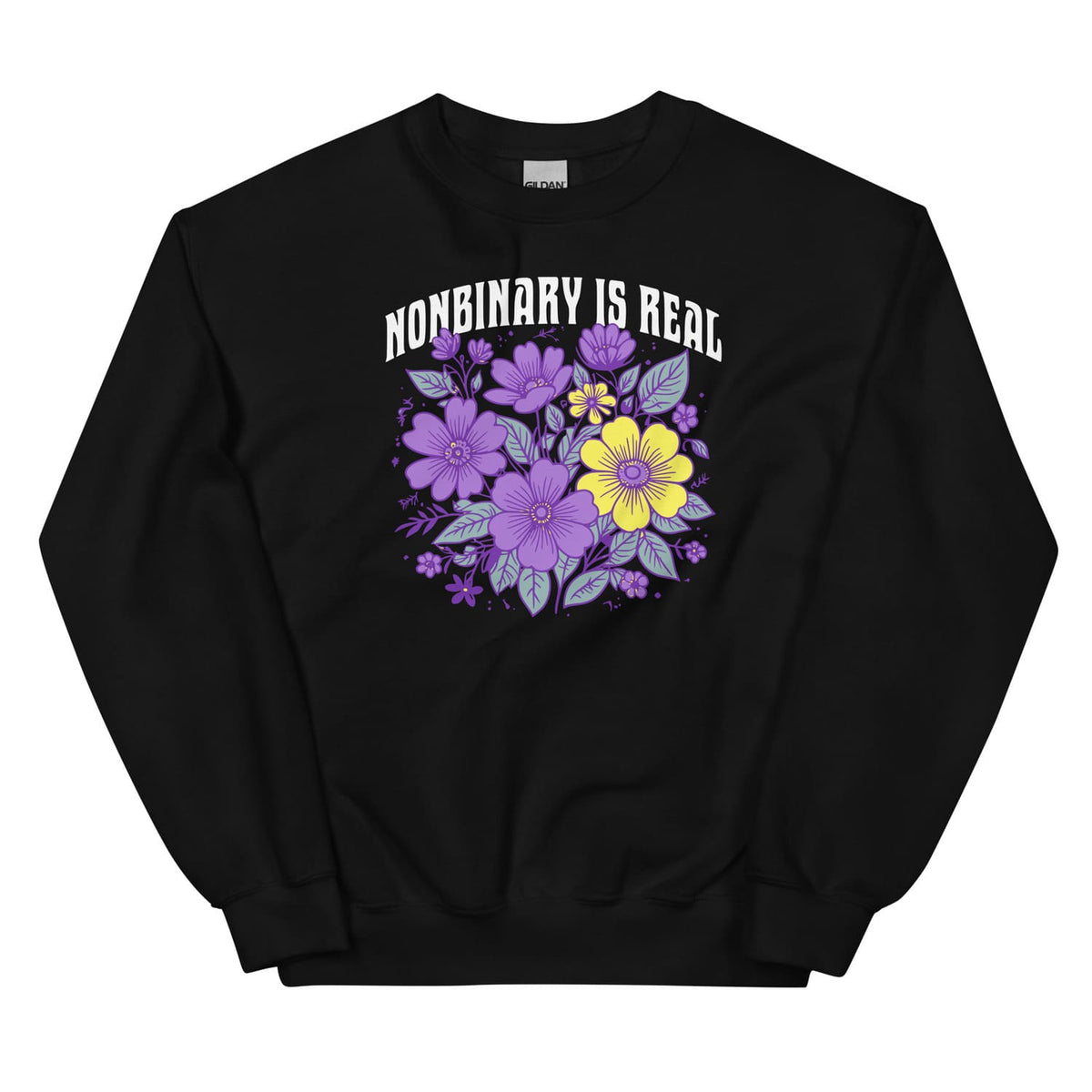 Black sweatshirt with floral design and 'Nonbinary is Real' text on a white background