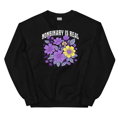 Black sweatshirt with floral design and 'Nonbinary is Real' text on a white background