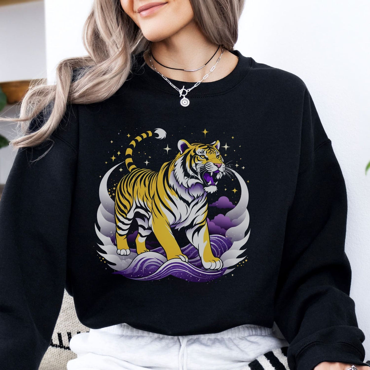 person wearing nonbinary A-Ukiye-e tiger sweatshirt