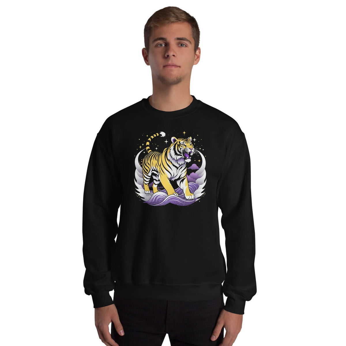 person 2 wearing nonbinary A-Ukiye-e tiger sweatshirt