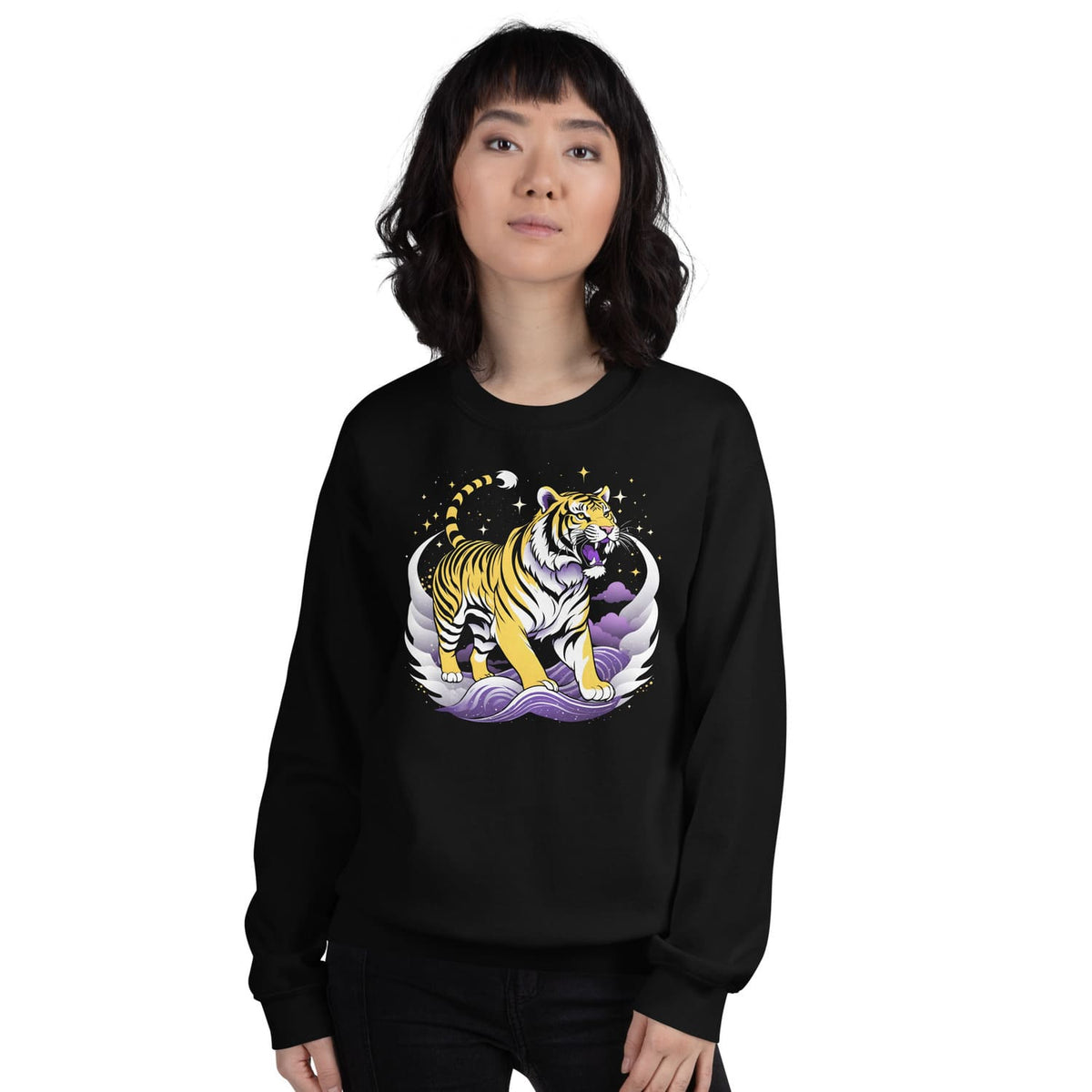 person 3 wearing nonbinary A-Ukiye-e tiger sweatshirt