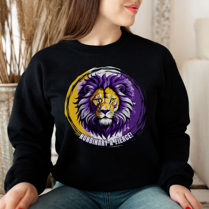 person wearing nonbinary lion sweatshirt