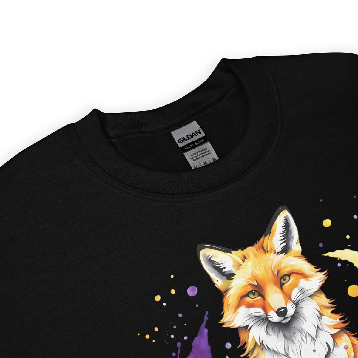 black sweatshirt with cute fox in nonbinary colors detail