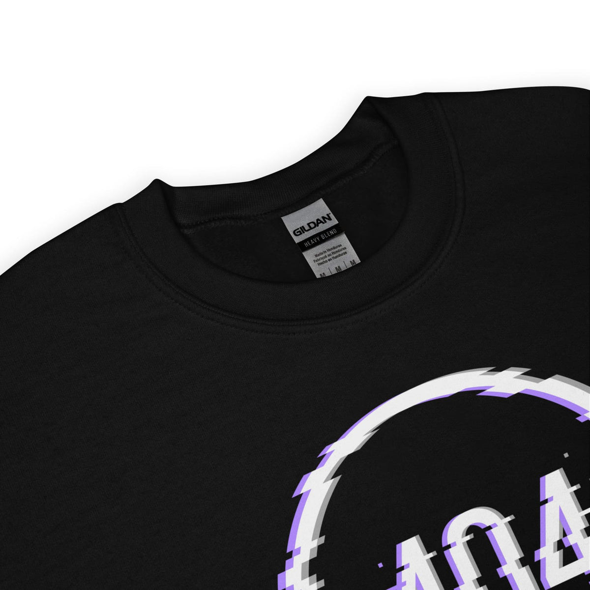 Detail of enby sweatshirt with a white and purple error graphic design on a white background