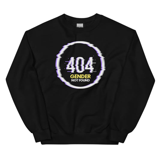 Nonbinary sweatshirt with '404 Gender Not Found' graphic on a white background