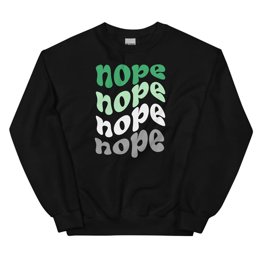 Black aromantic sweatshirt with 'nope' text in multiple colors on a white background