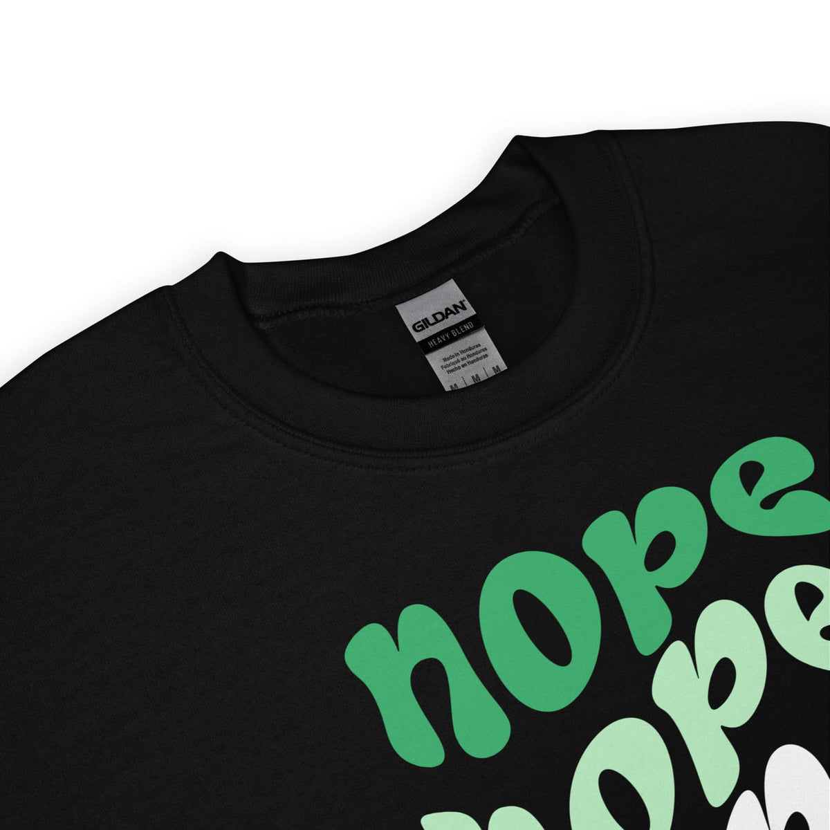 Black aromantic sweatshirt with green and white text on a white background