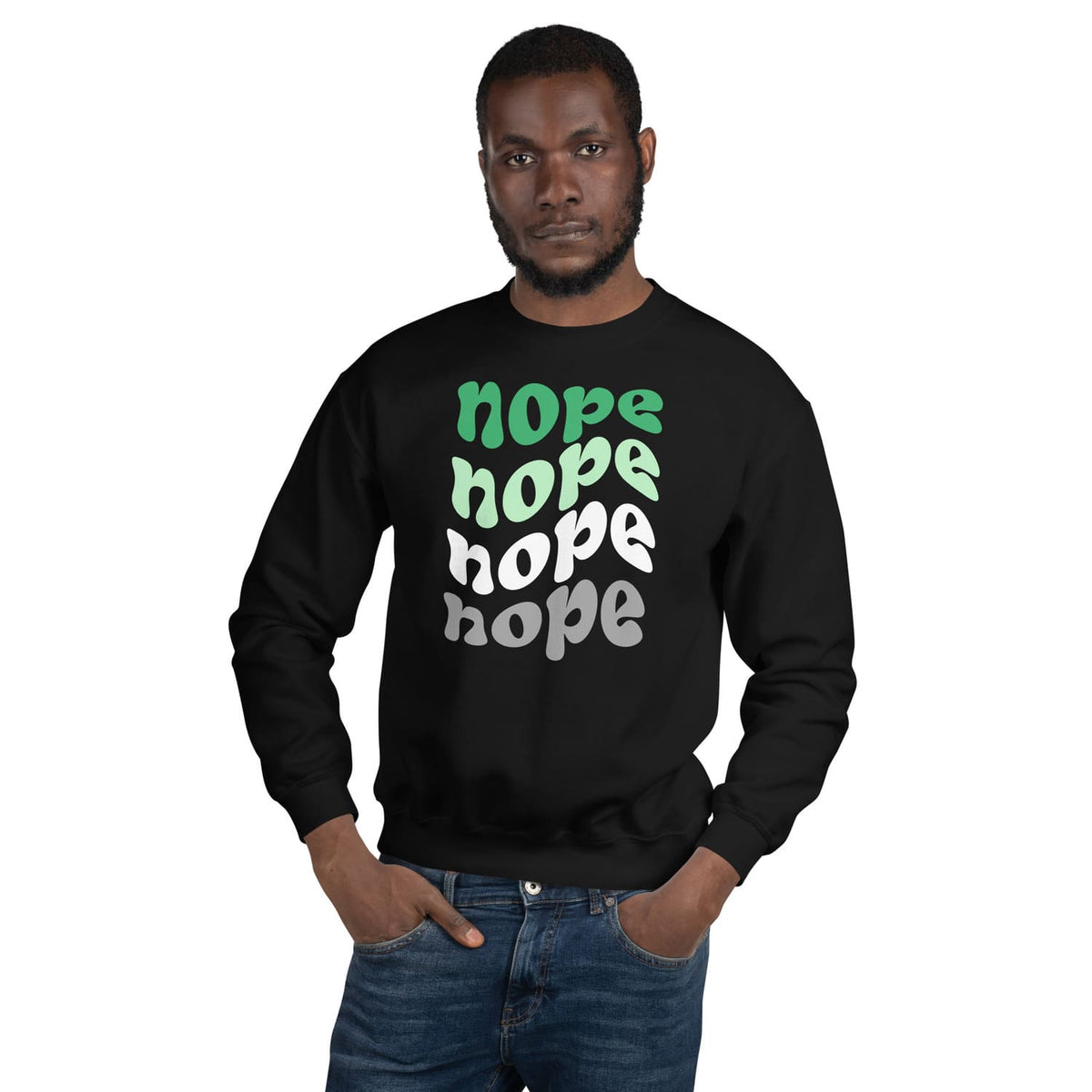 Man wearing a black aromantic sweatshirt with 'nope' repeated in multiple colors on a white background