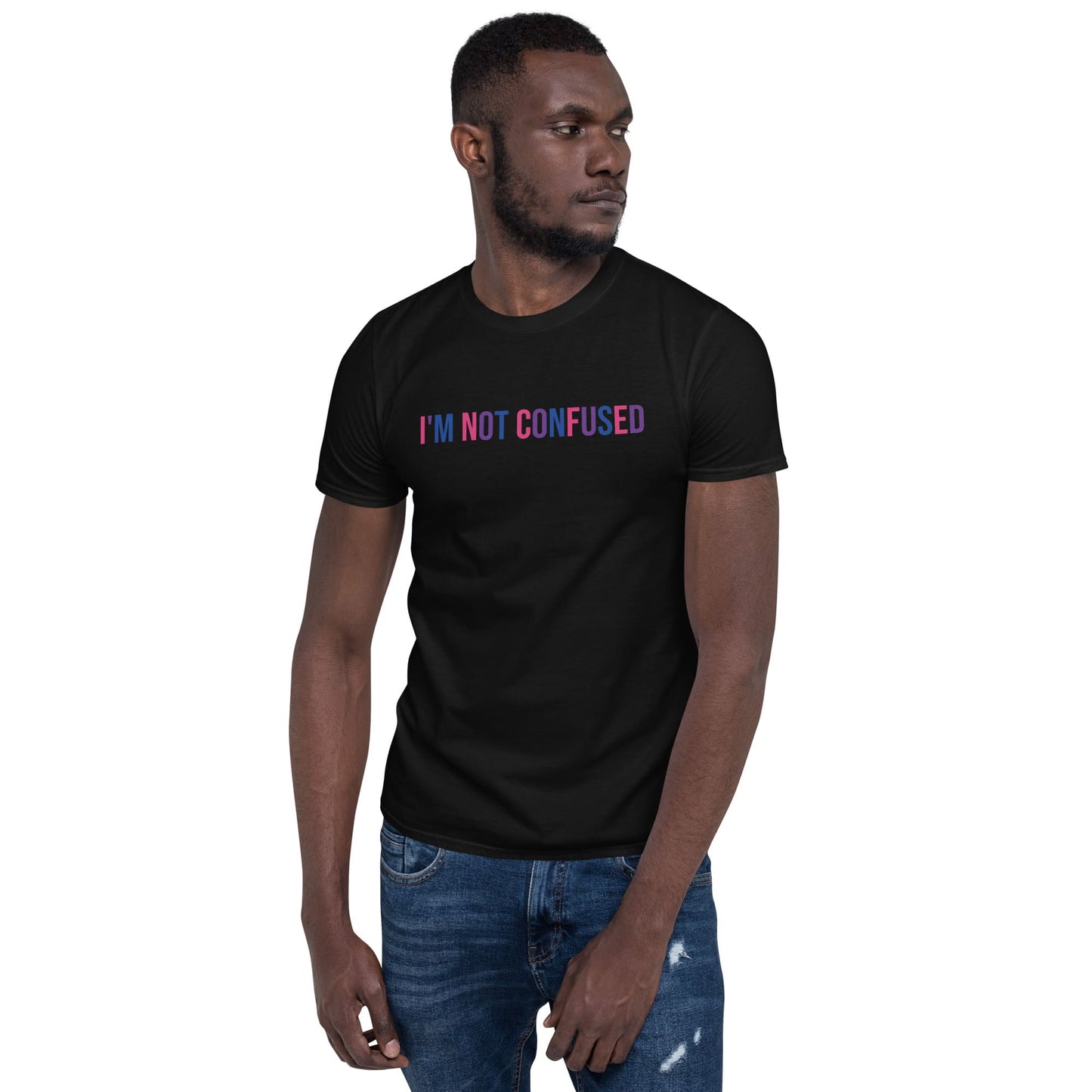 bisexual shirt, i'm not confused in bi pride colors, black model