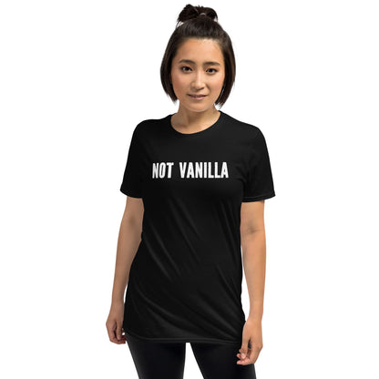Person wearing a black t-shirt with 'NOT VANILLA' text on a white background