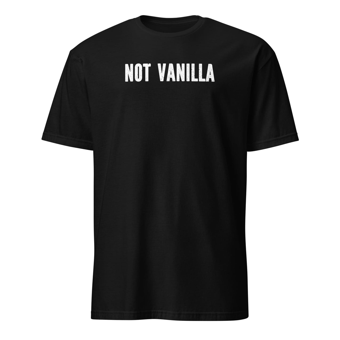 Black t-shirt with 'NOT VANILLA' text on a white background