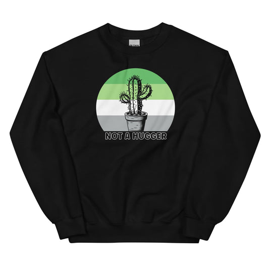 Black aromantic  sweatshirt with a cactus graphic and 'Not a Hugger' text on a white background