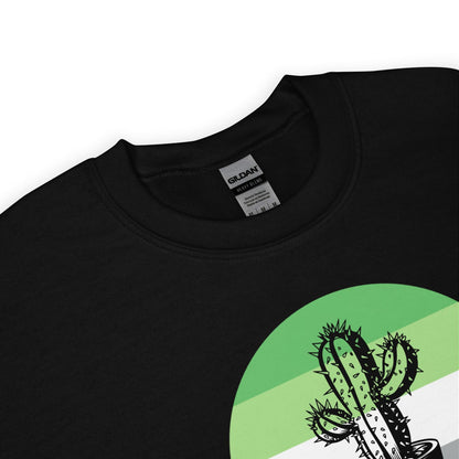 Black aromantic sweatshirt with a cactus design on a white background