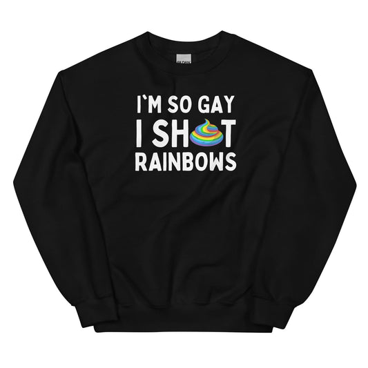 Black funny gay sweatshirt with text and lgbtq rainbow graphic on a white background