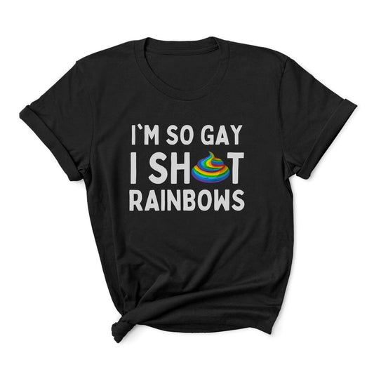 Black t-shirt with humorous text and rainbow gay graphic on a white background