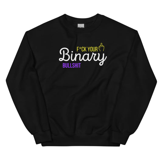 Black nonbinary sweatshirt with colorful text on a white background