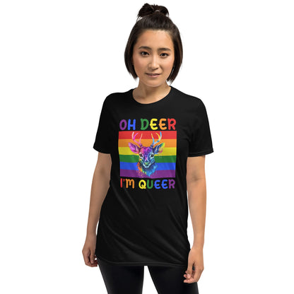 queer shirt, funny rainbow deer tee, model 1