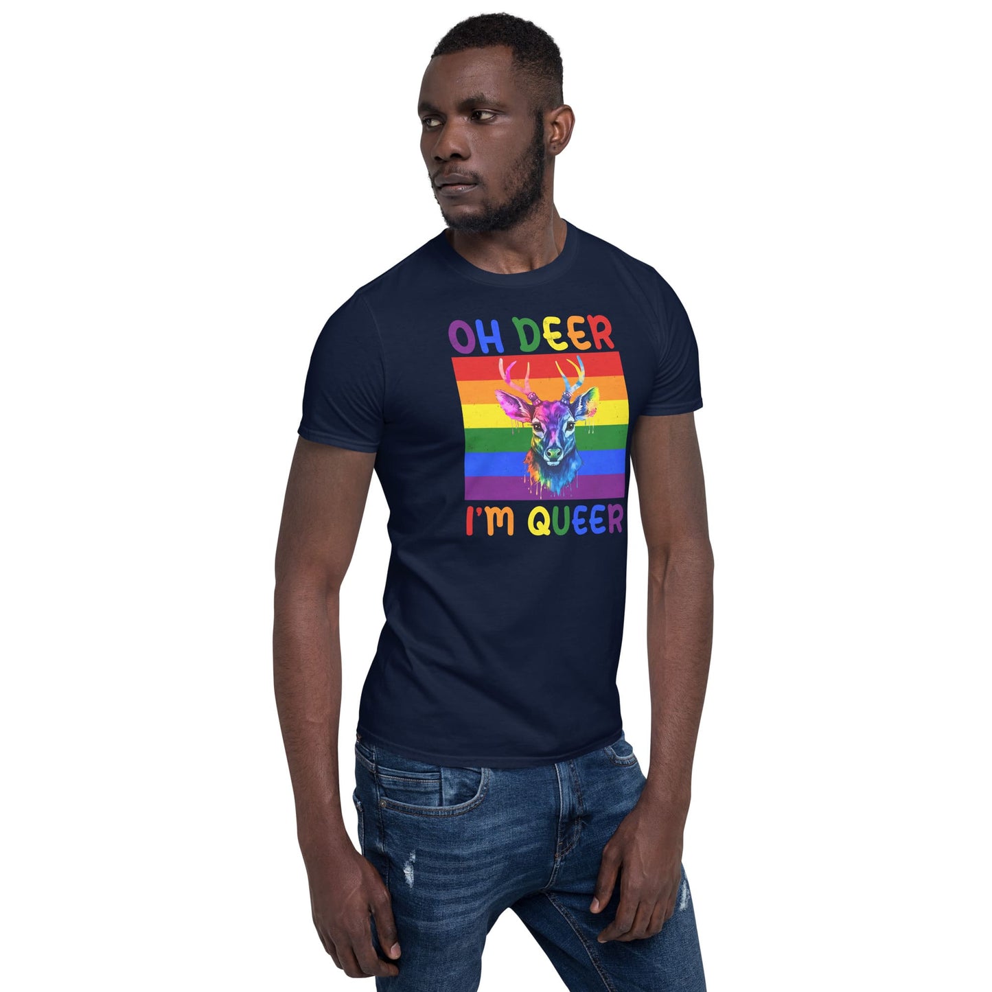 queer shirt, funny rainbow deer tee, model 2