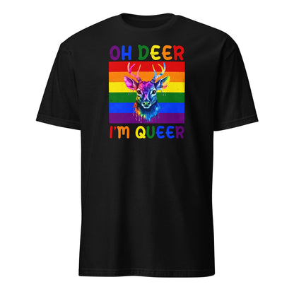 queer shirt, funny rainbow deer tee, black