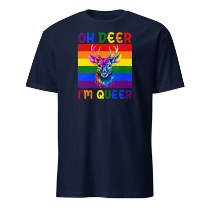 queer shirt, funny rainbow deer tee, navy