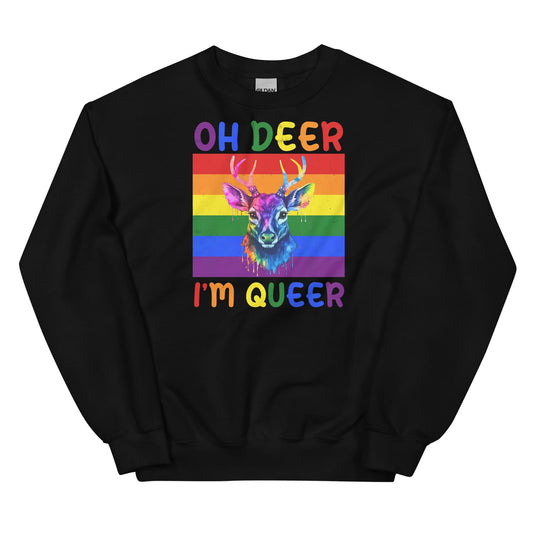Black lgbtq pride sweatshirt with a colorful graphic of a deer and rainbow text on a white background