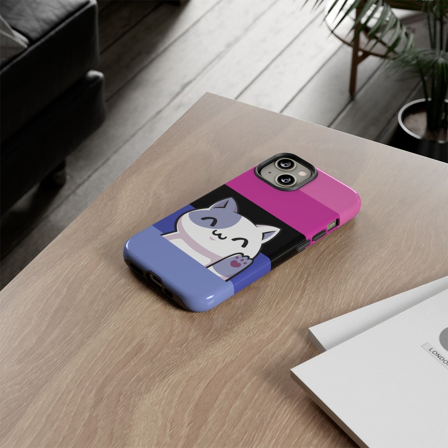 omnisexual phone case kawaii cat, on table