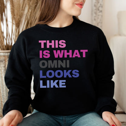 woman wearing omnisexual sweatshirt in black