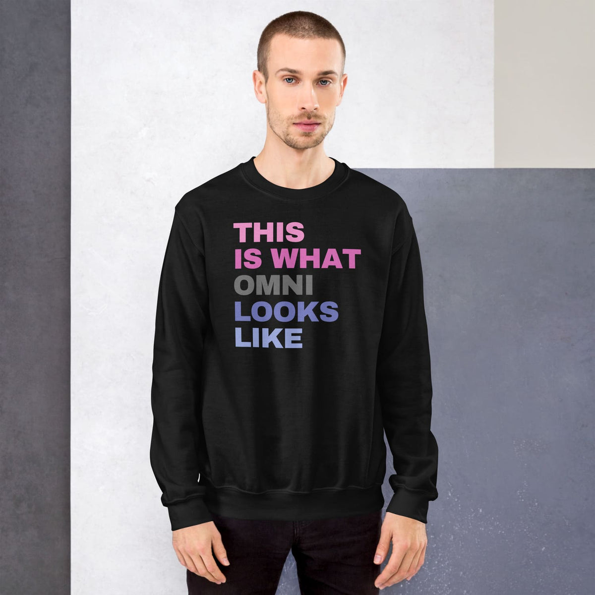 man wearing omnisexual sweatshirt in black