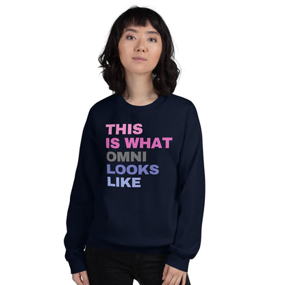 woman wearing omnisexual sweatshirt in navy