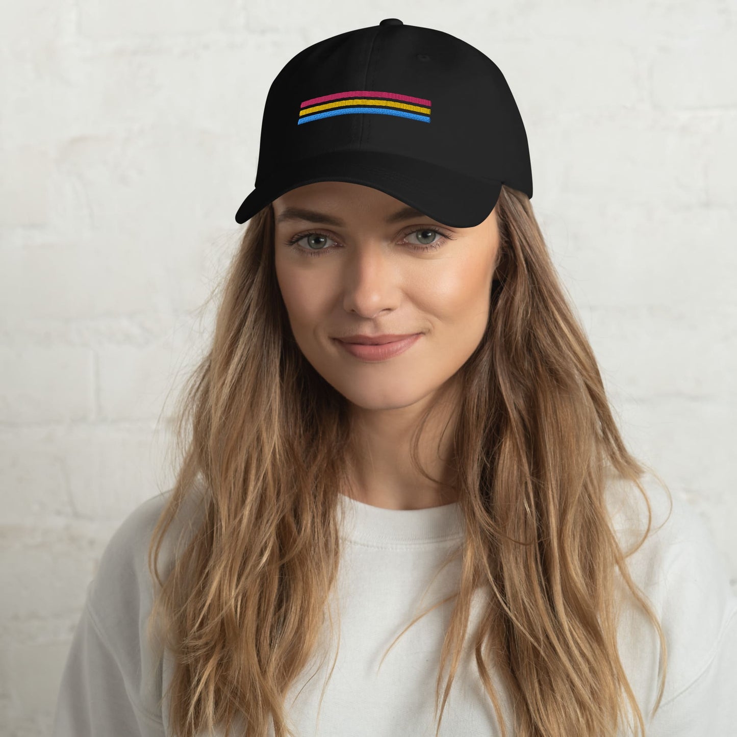 pansexual hat, pan pride flag embroidered cap, model front