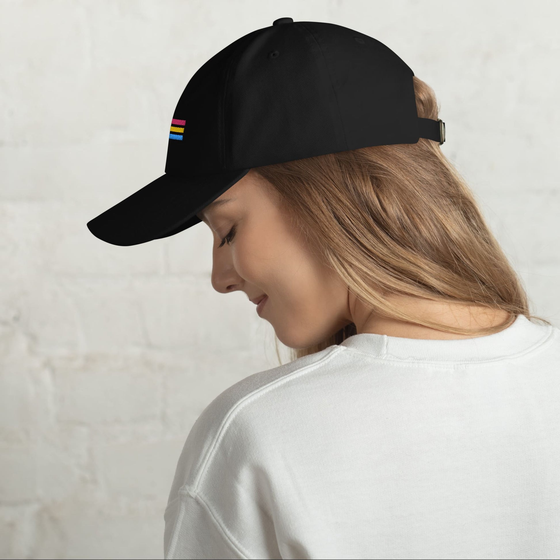 pansexual hat, pan pride flag embroidered cap, model right