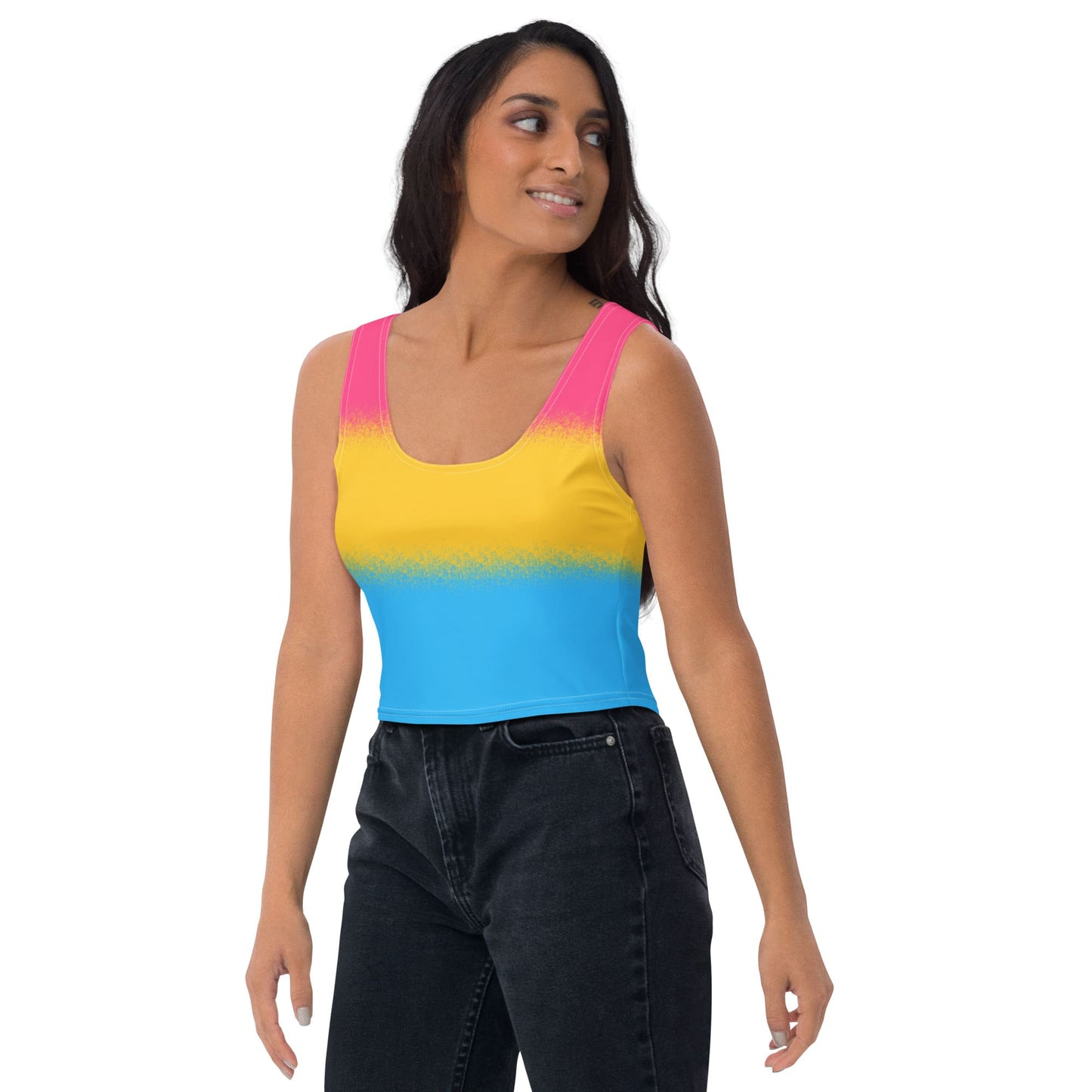 pansexual crop top, pan pride tank, model 1 left