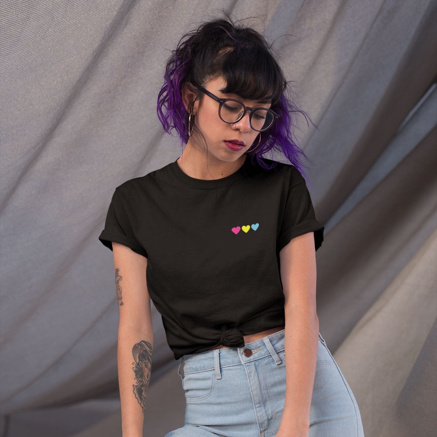 pansexual shirt, subtle pan pride pocket design tee, in use