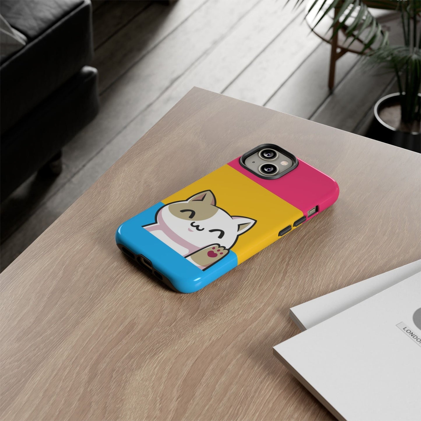 pansexual phone case kawaii cat, on table