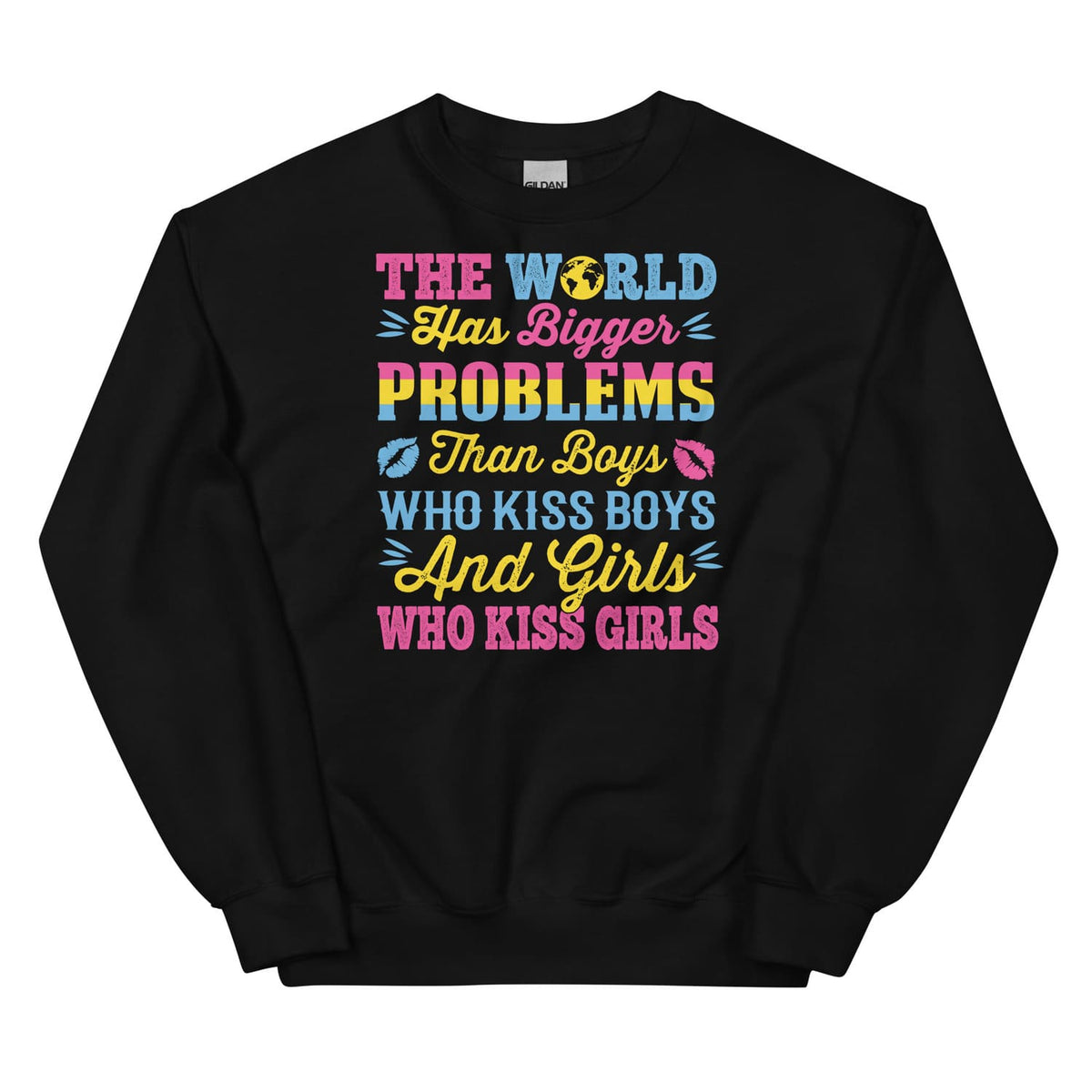Black pansexual sweatshirt with colorful text on a white background
