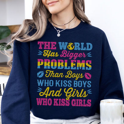 Person wearing a navy pansexual sweatshirt with colorful text design.