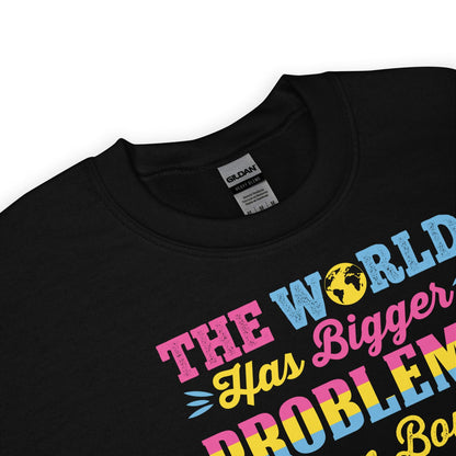zoom of pansexual sweatshirt with colorful text design on a white background