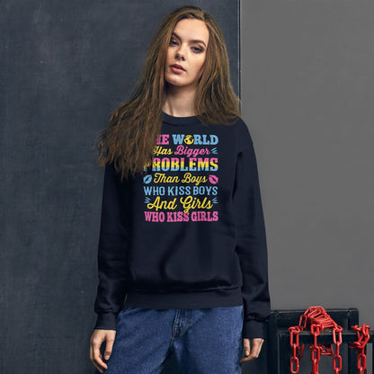 Person wearing a navy pansexual sweatshirt with colorful text design against a dark background