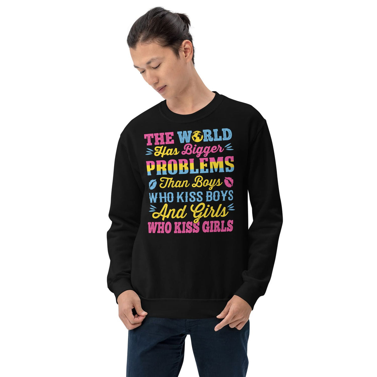 Person wearing a black pan pride sweatshirt with colorful text on a white background