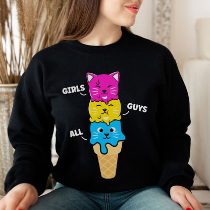 Person wearing a pan pride sweatshirt with cat ice cream cone design and text.