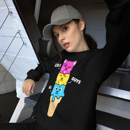Woman wearing a cute pansexual sweatshirt with ice cream cone design