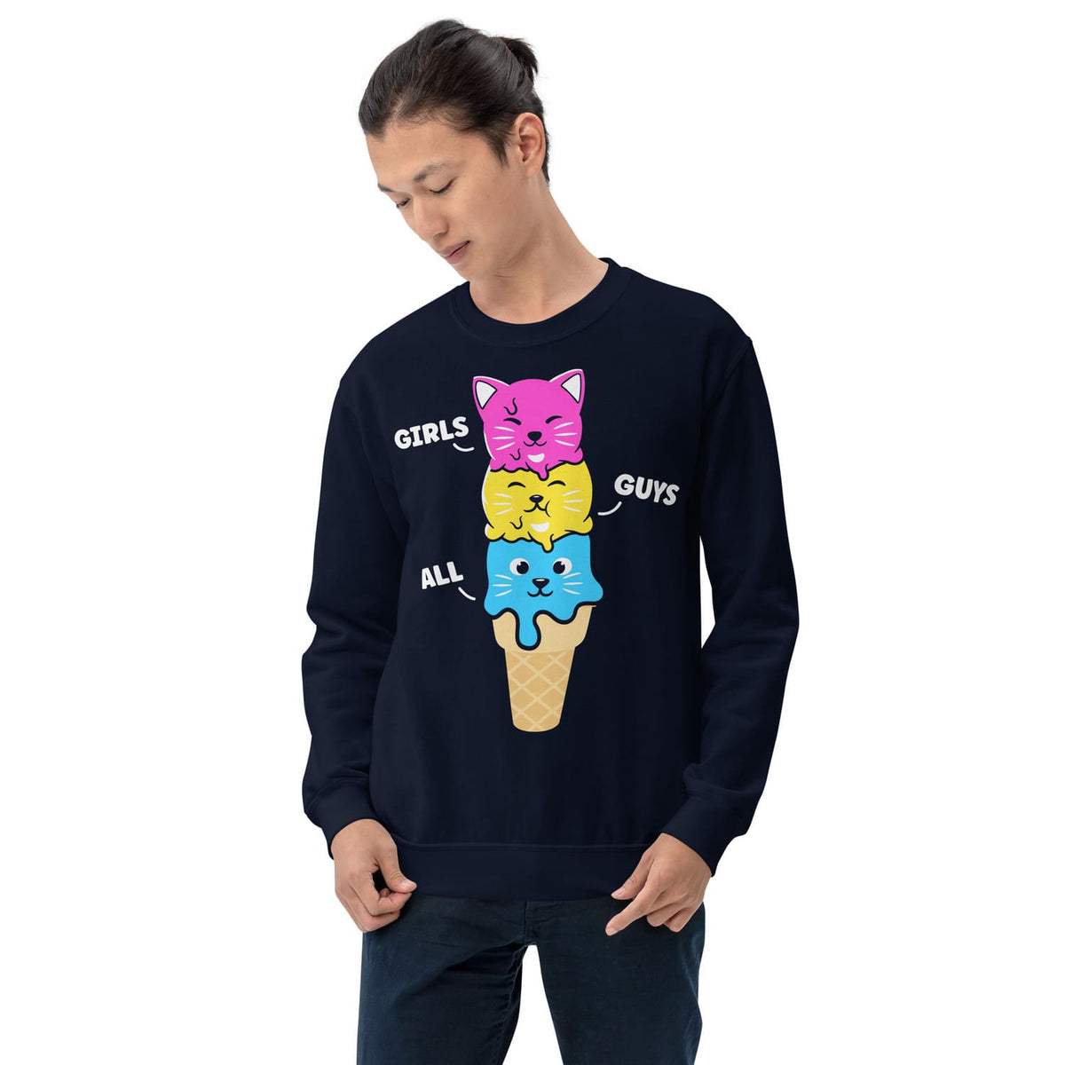 Man wearing a navy pansexual sweatshirt with discreet pride ice cream cone design 