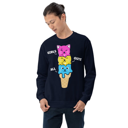Man wearing a navy pansexual sweatshirt with discreet pride ice cream cone design 