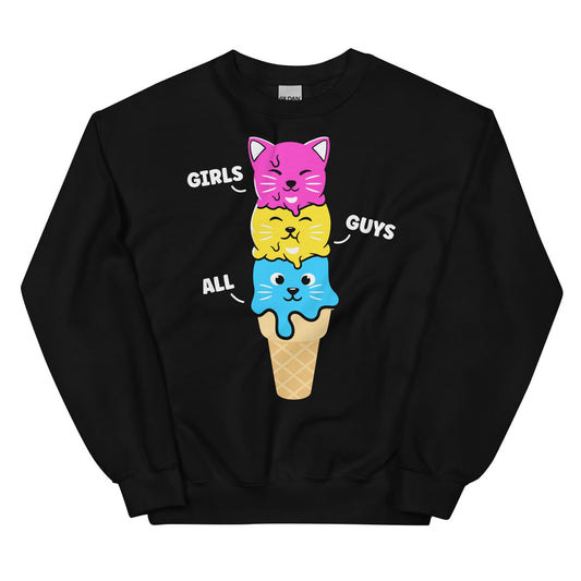 Pansexual sweatshirt with subtle pride ice cream cone design on a white background