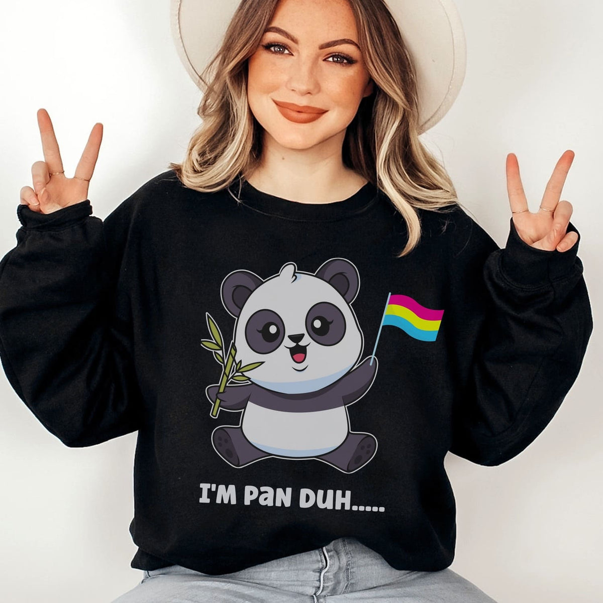woman wearing funny pansexual panda sweatshirt
